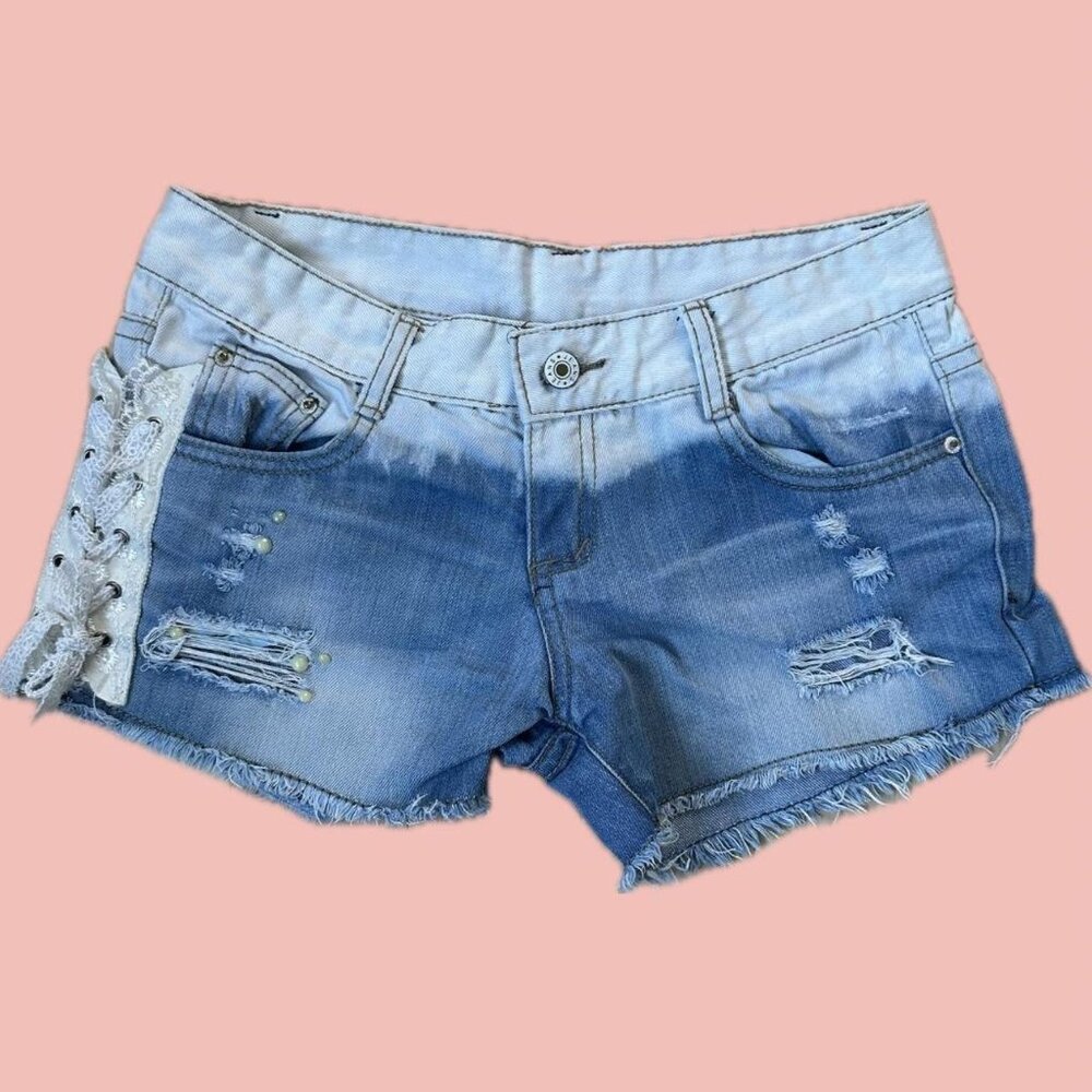 Y2K Two-Tone Low-Rise Denim Shorts – Lace-Up, Rhinestones & Pearls